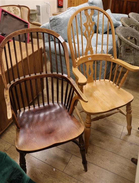 Two Windsor style elm and beech kitchen elbow chairs